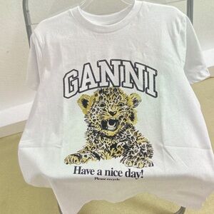 Ganni White Tee with Yellow & Black Leopard Graphic